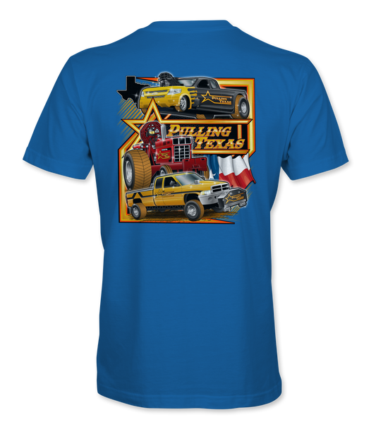 Blue t-shirt with graphic design of trucks and 'Pulling Texas' text on a white background