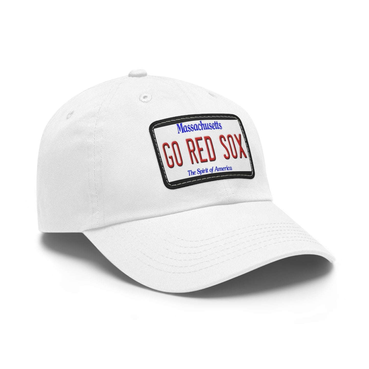 Side View White Go Red Sox Baseball Hat with Leather Patch