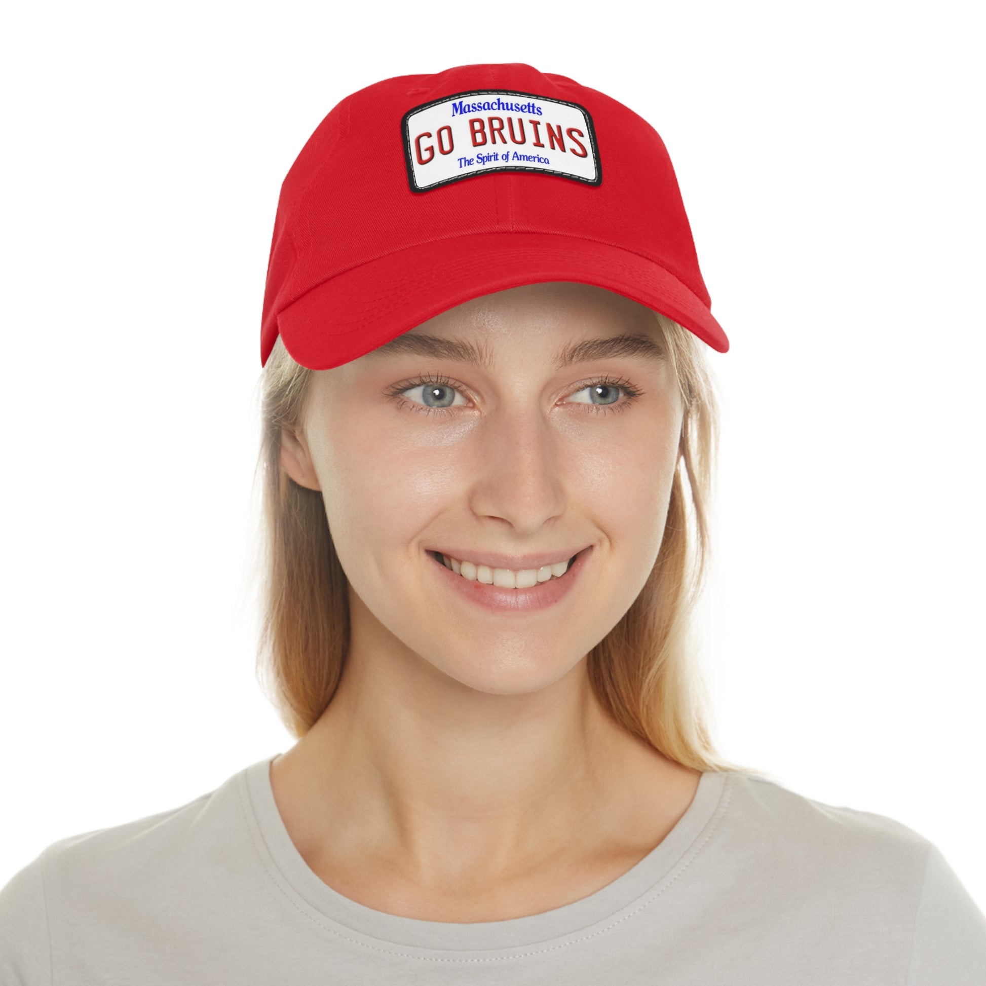 Girl Wearing Red GO BRUINS Ball Cap with Leather Patch