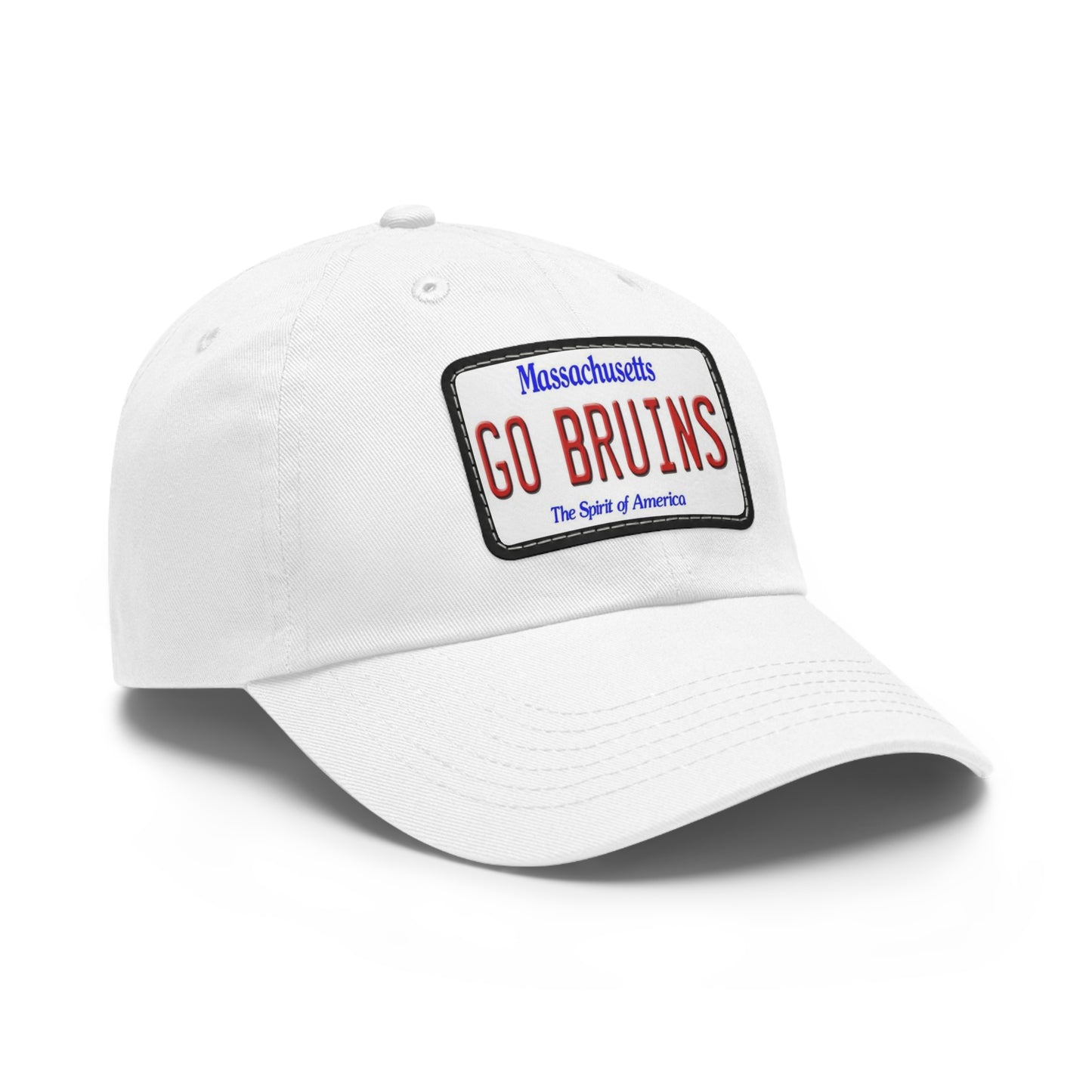 Side View White GO BRUINS Ball Cap with Leather Patch
