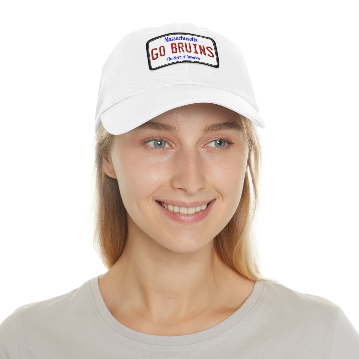 Girl Modeling White GO BRUINS Ball Cap with Leather Patch