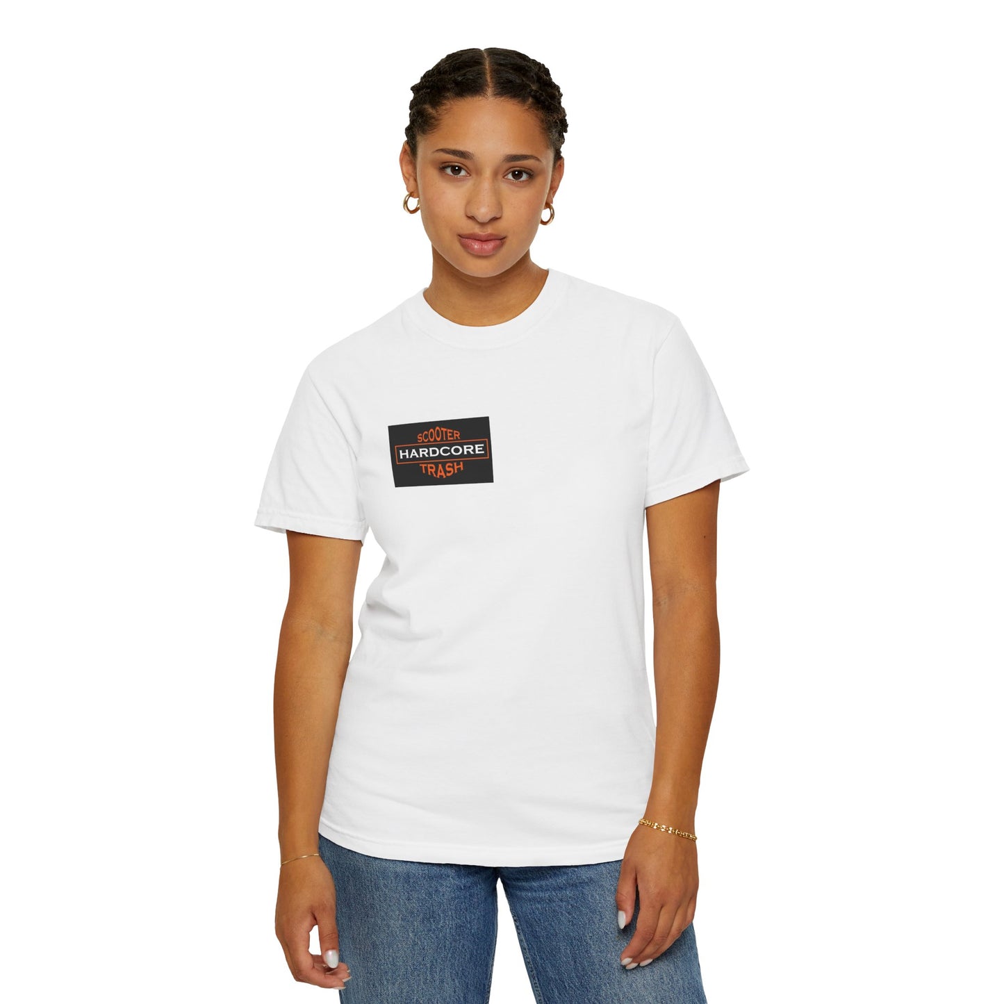 Hardcore Scooter Trash Unisex Garment-Dyed T-Shirt in White on Model
