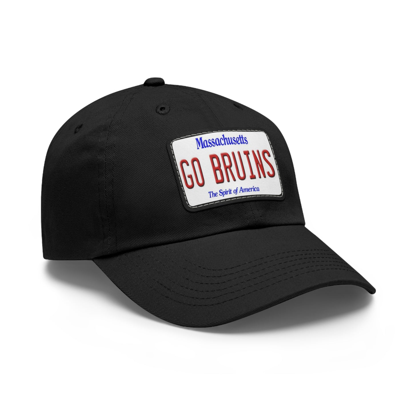 Side View Black GO BRUINS Ball Cap with Leather Patch