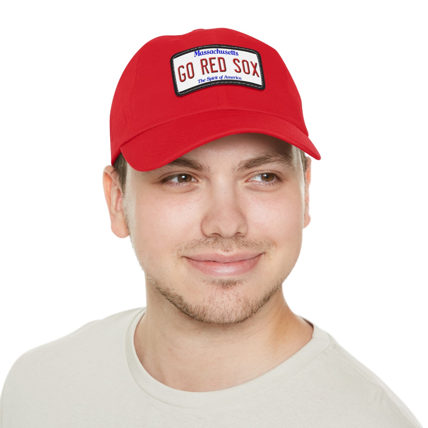 Red Go Red Sox Baseball Hat with Leather Patch On Male Model