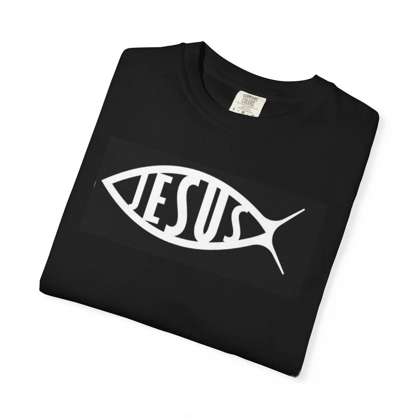 Black t-shirt with 'Jesus' design on a white background