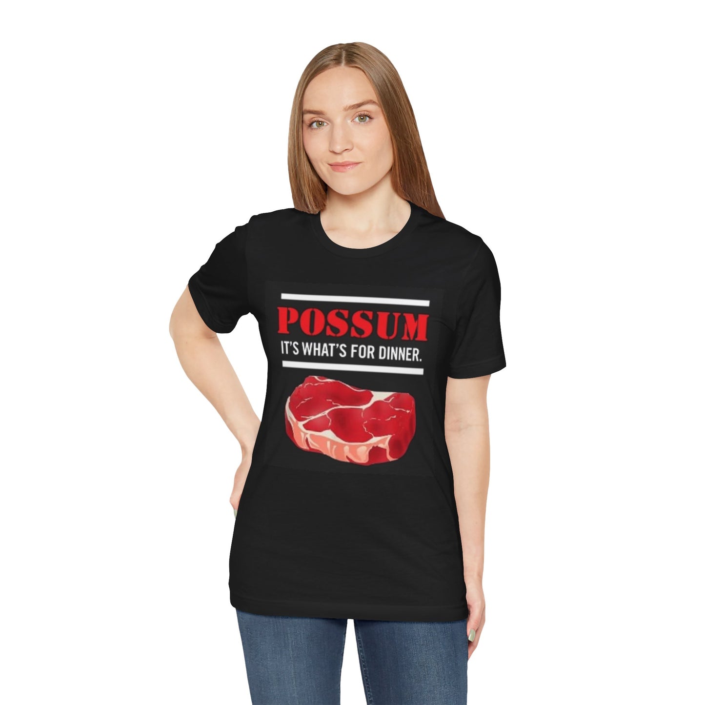 Possum Dinner Graphic Tee, Funny Meat Lovers Shirt, Female Model