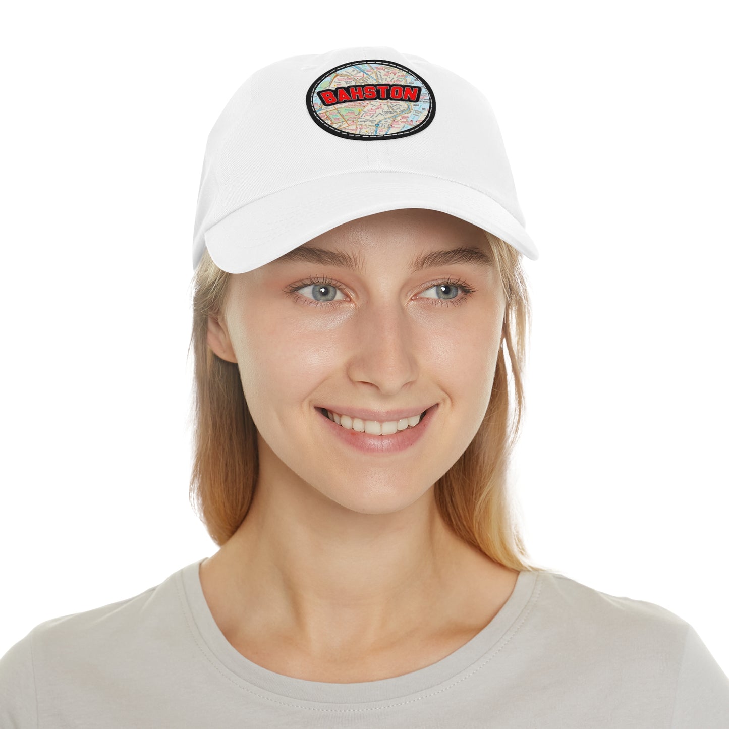White Bahston {Boston} Massachusetts Baseball Hat with Round Leather Patch In Context