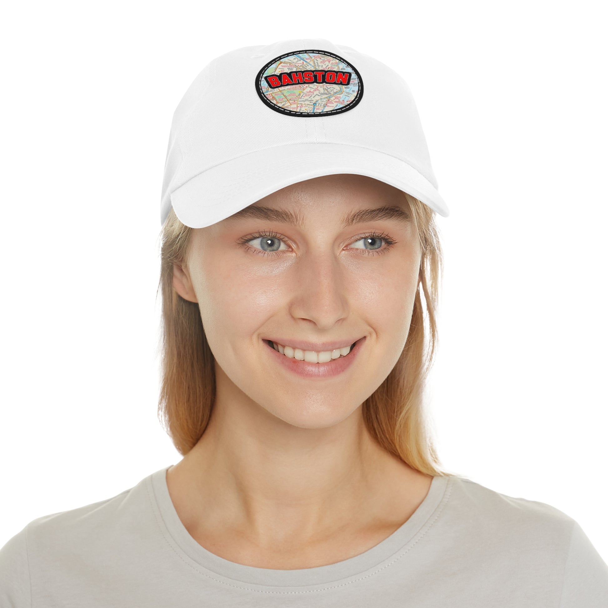 White Bahston {Boston} Massachusetts Baseball Hat with Round Leather Patch In Context