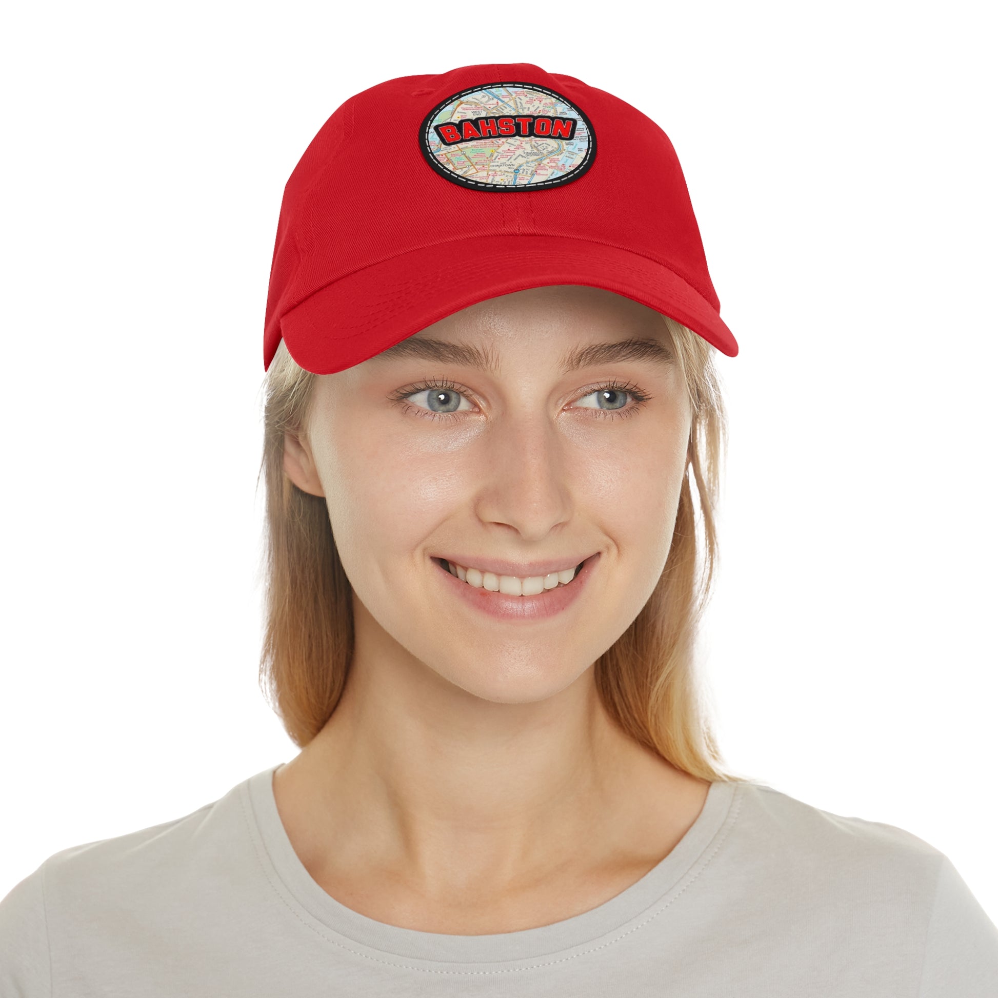 Red Bahston {Boston} Massachusetts Baseball Hat with Round Leather Patch In Context