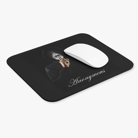Black mouse pad with white text and a white mouse on a white background