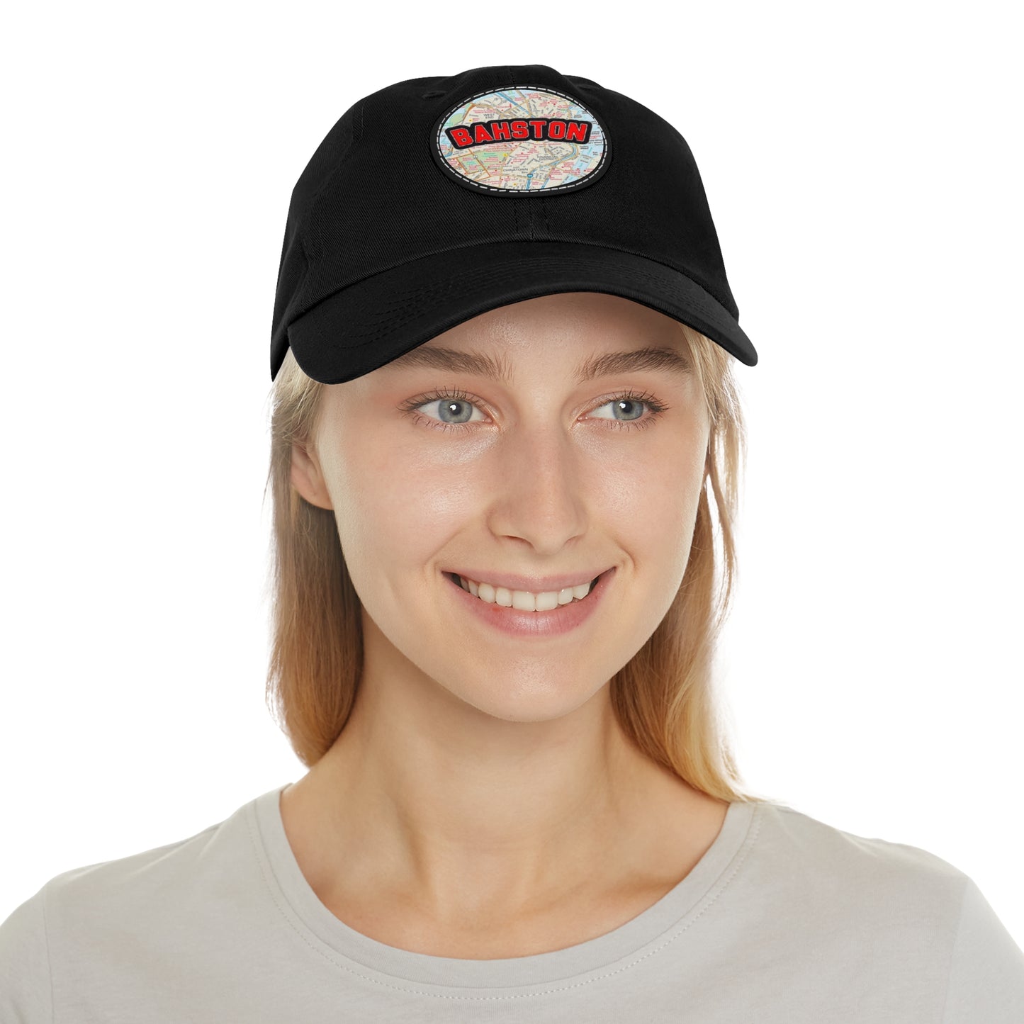 Black Bahston {Boston} Massachusetts Baseball Hat with Round Leather Patch In Context