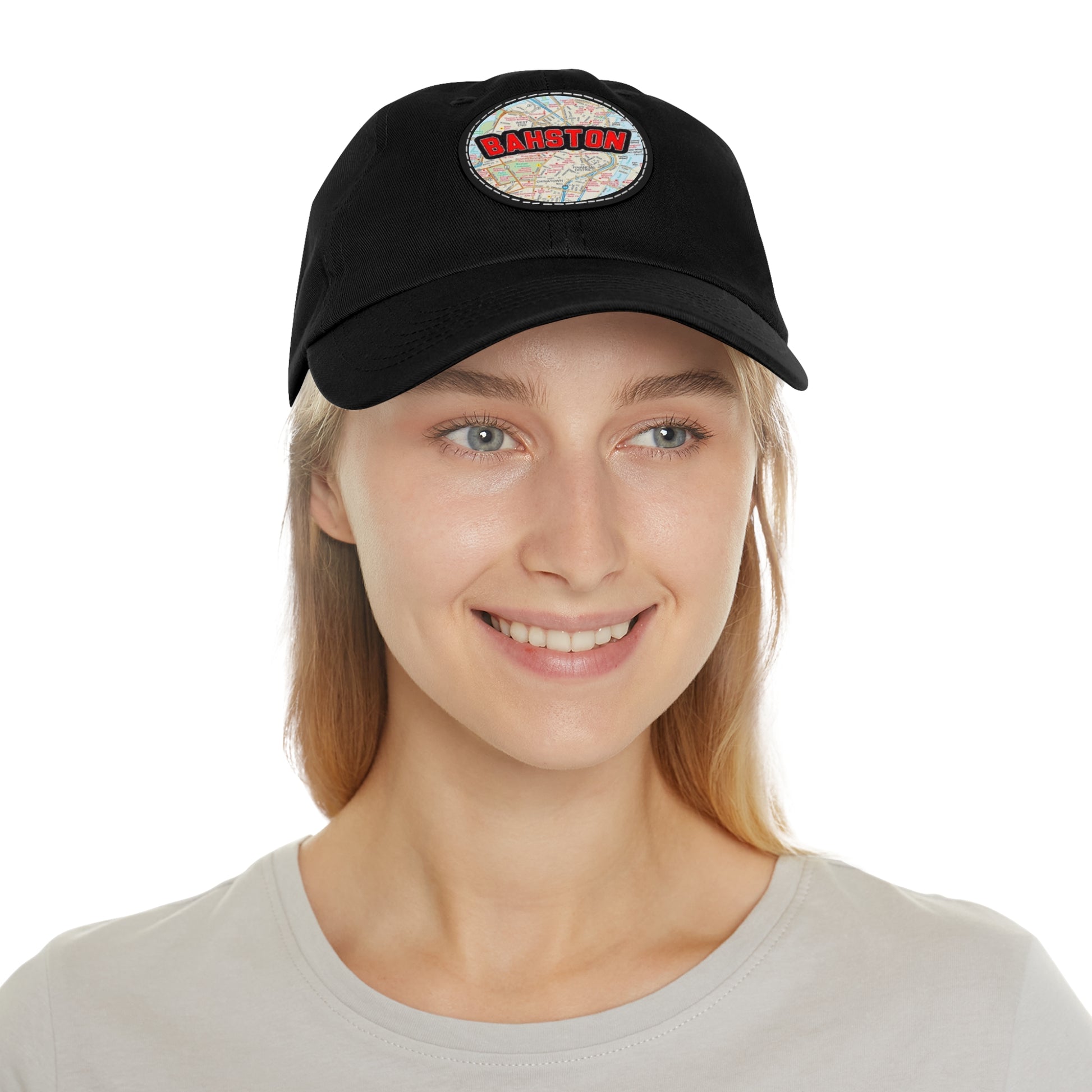 Black Bahston {Boston} Massachusetts Baseball Hat with Round Leather Patch In Context