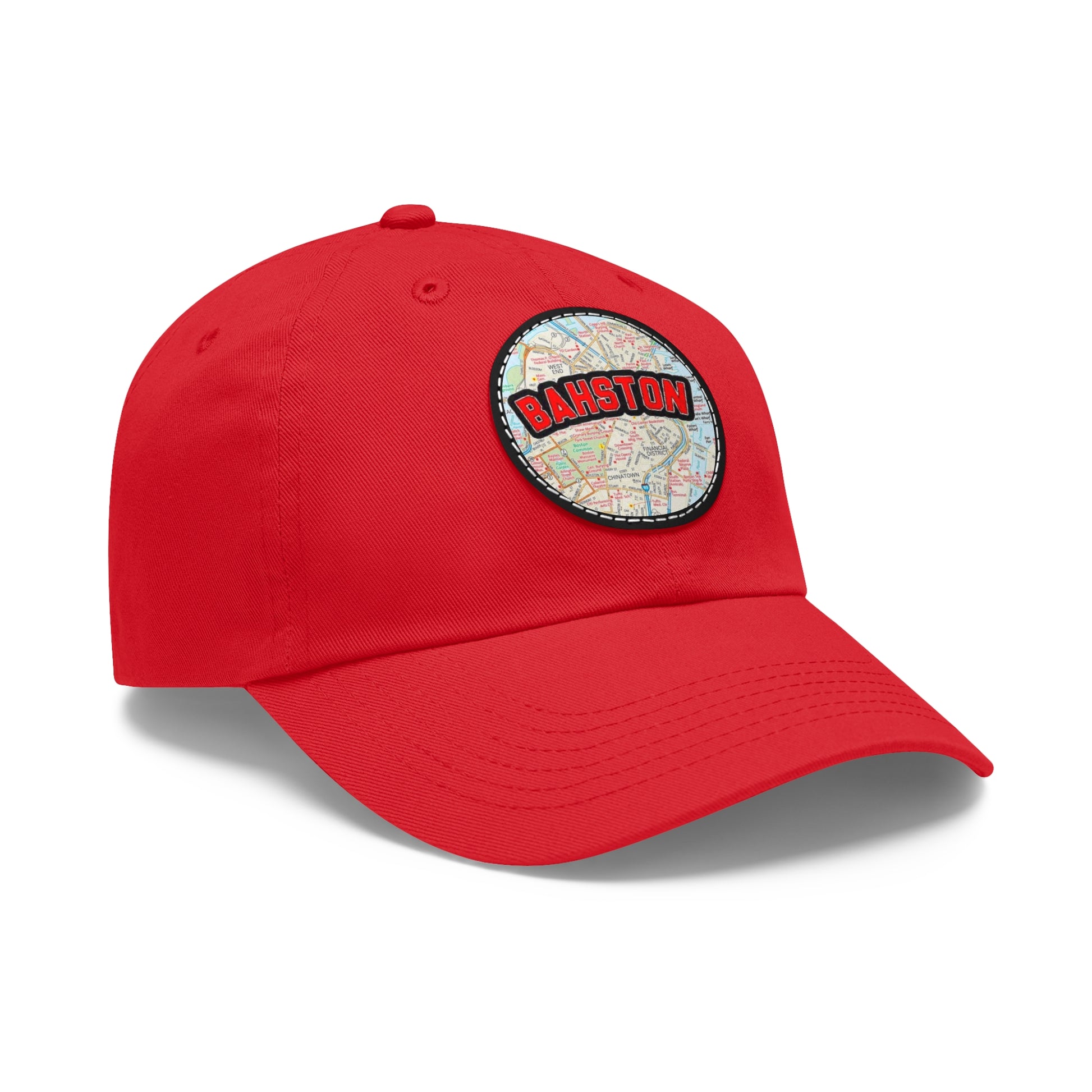 Side View Red Bahston {Boston} Massachusetts Baseball Hat with Round Leather Patch