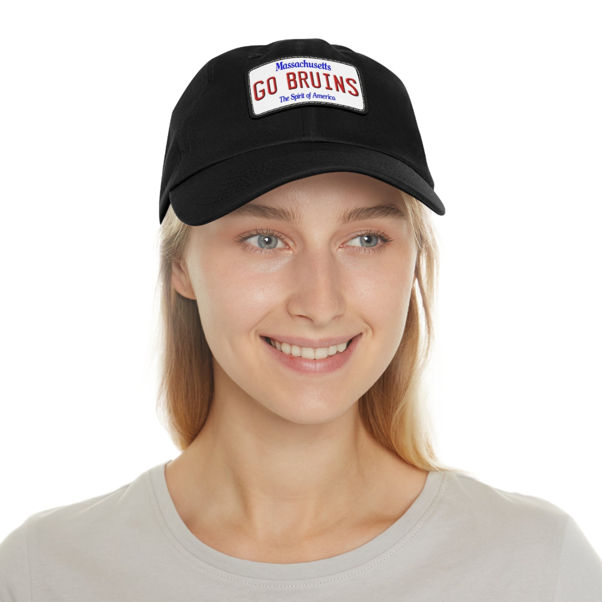 Girl Modelling Black GO BRUINS Ball Cap with Leather Patch
