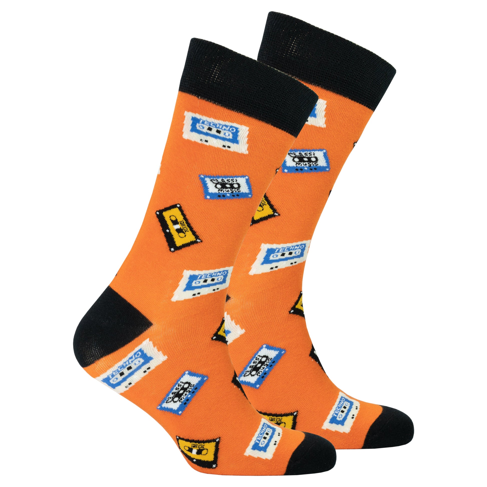 Orange socks with cassette tape pattern on a white background