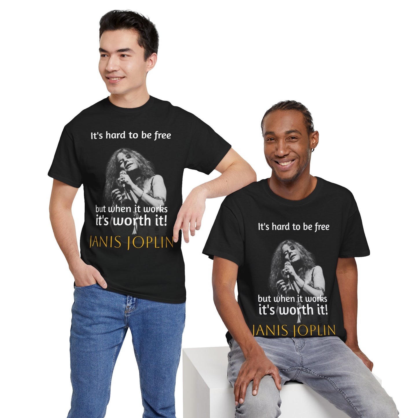 2 Models sporting Janis Joplin Its Worth It Cotton Tee Shirt