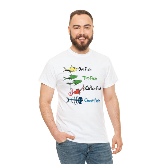 Guy Modeling Funny Humorous One Fish Chew Fish Unisex Heavy Cotton Tee