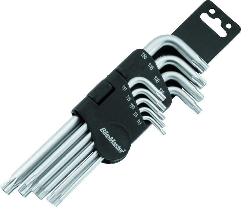 Set of Allen keys with a black holder on a white background