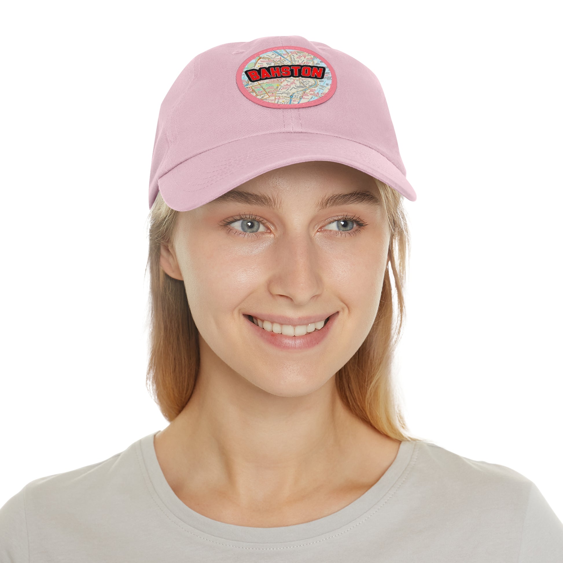 Pink Bahston {Boston} Massachusetts Baseball Hat with Round Leather Patch In Context