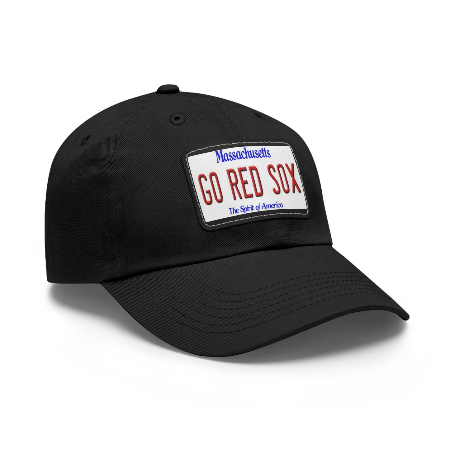 Side View Black Go Red Sox Baseball Hat with Leather Patch
