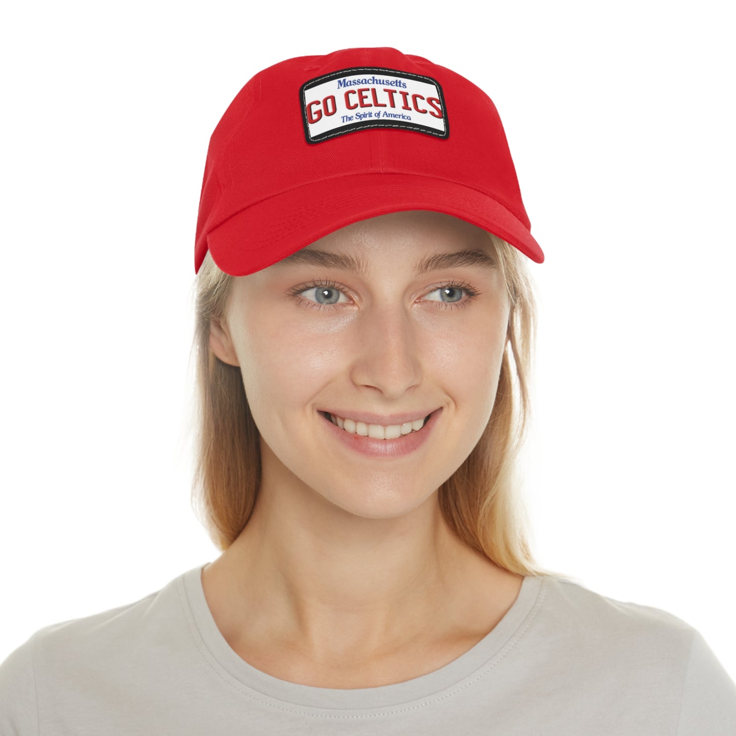 Red Go Celtics Ball Cap Hat with Leather Patch in Context