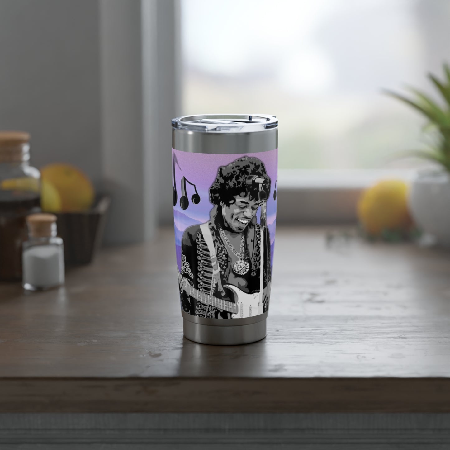 Jimi Hendrix Purple Landscape Vagabond 20oz Tumbler On Counter in Context