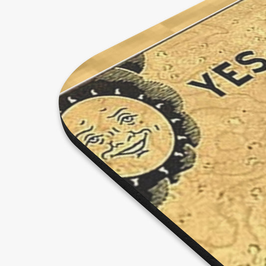 Close-up of a mouse pad with a Ouija board design and 'YES' text on a white background