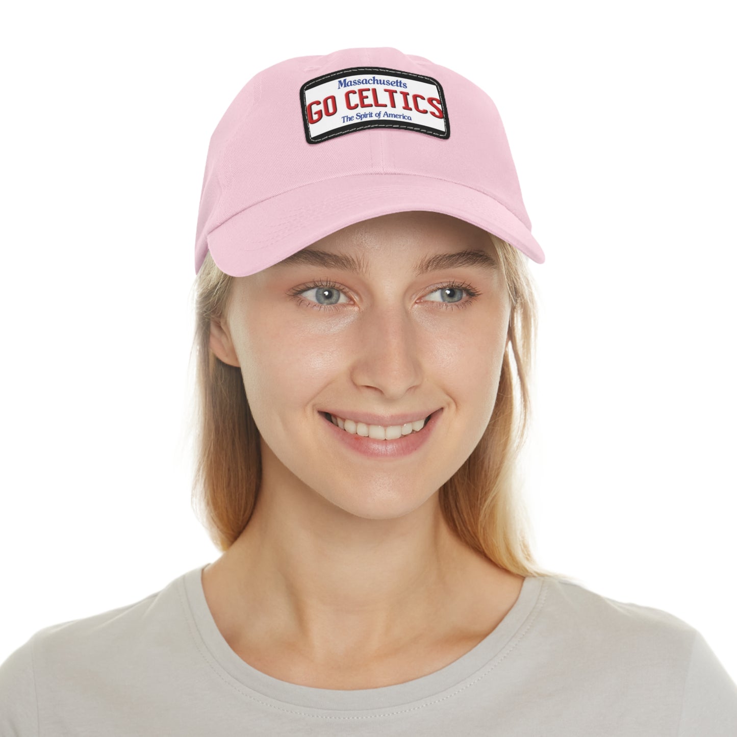 Girl Modeling Pink Go Celtics Ball Cap Hat with Leather Patch