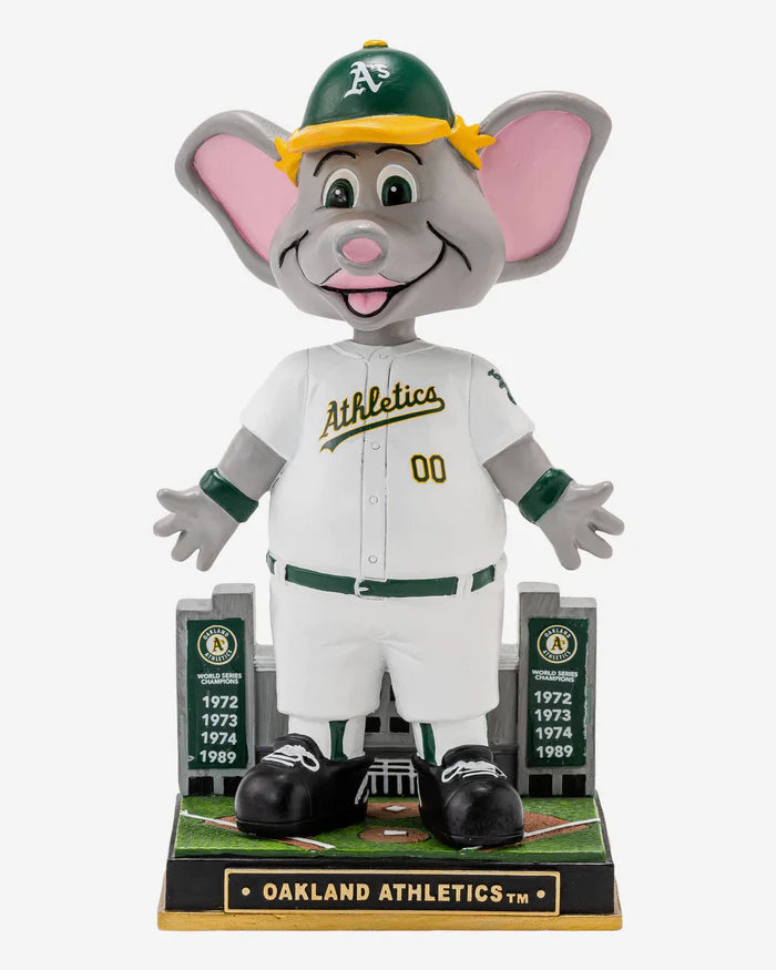 Bobblehead figure of a mouse in Oakland Athletics uniform on a white background