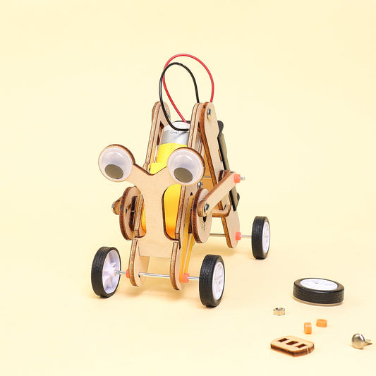 Wooden robot model with wheels and electronic components on a beige background