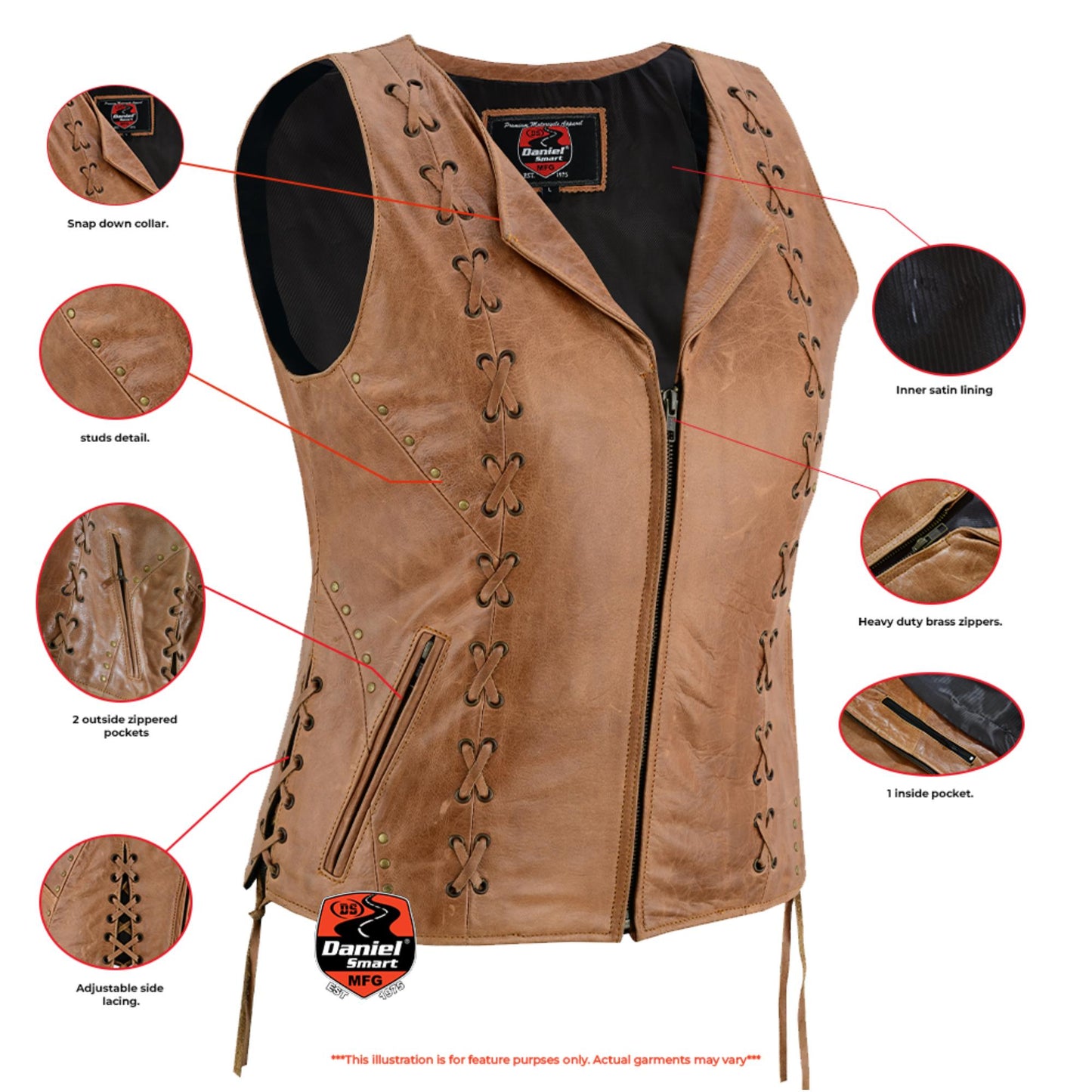 Infographic DS Women's Brown Zippered Vest with Lacing Details