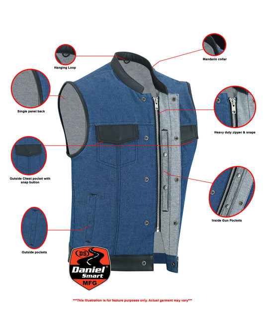 DM Men's Upgraded Broken Blue Denim Motorcycle Vest w/Leather Trimming