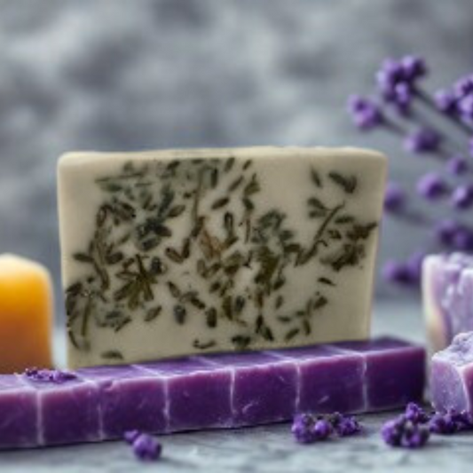 Bar of soap with lavender leaves and purple soap bars on a gray background