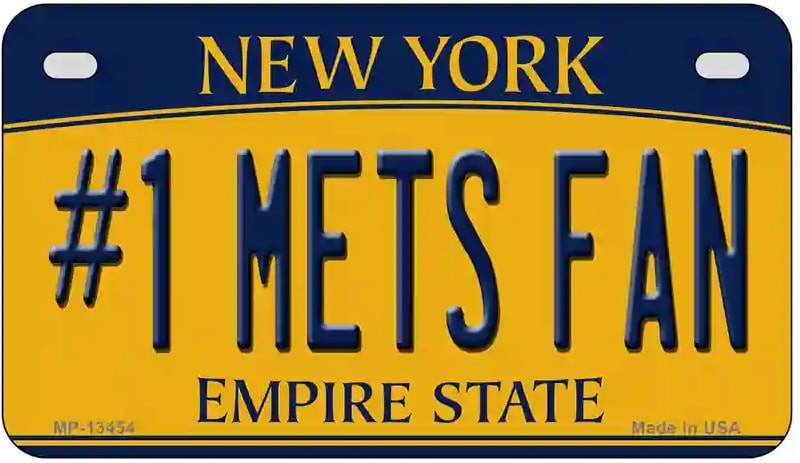Motorcycle License plate with '#1 Mets Fan' text on a blue and orange background