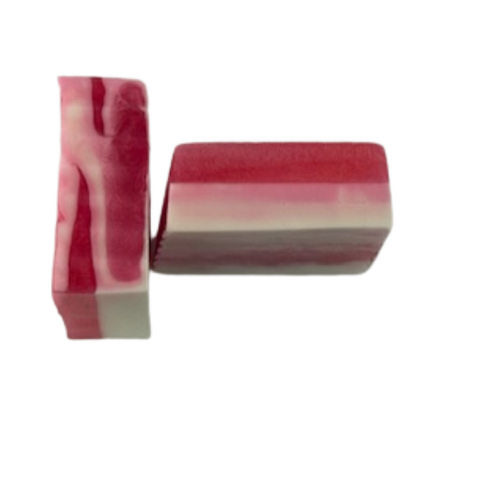 Two Blush & Bloom Rose Swirl Handmade Soap Bars with a marbled pattern in red, pink, and beige on a white background.