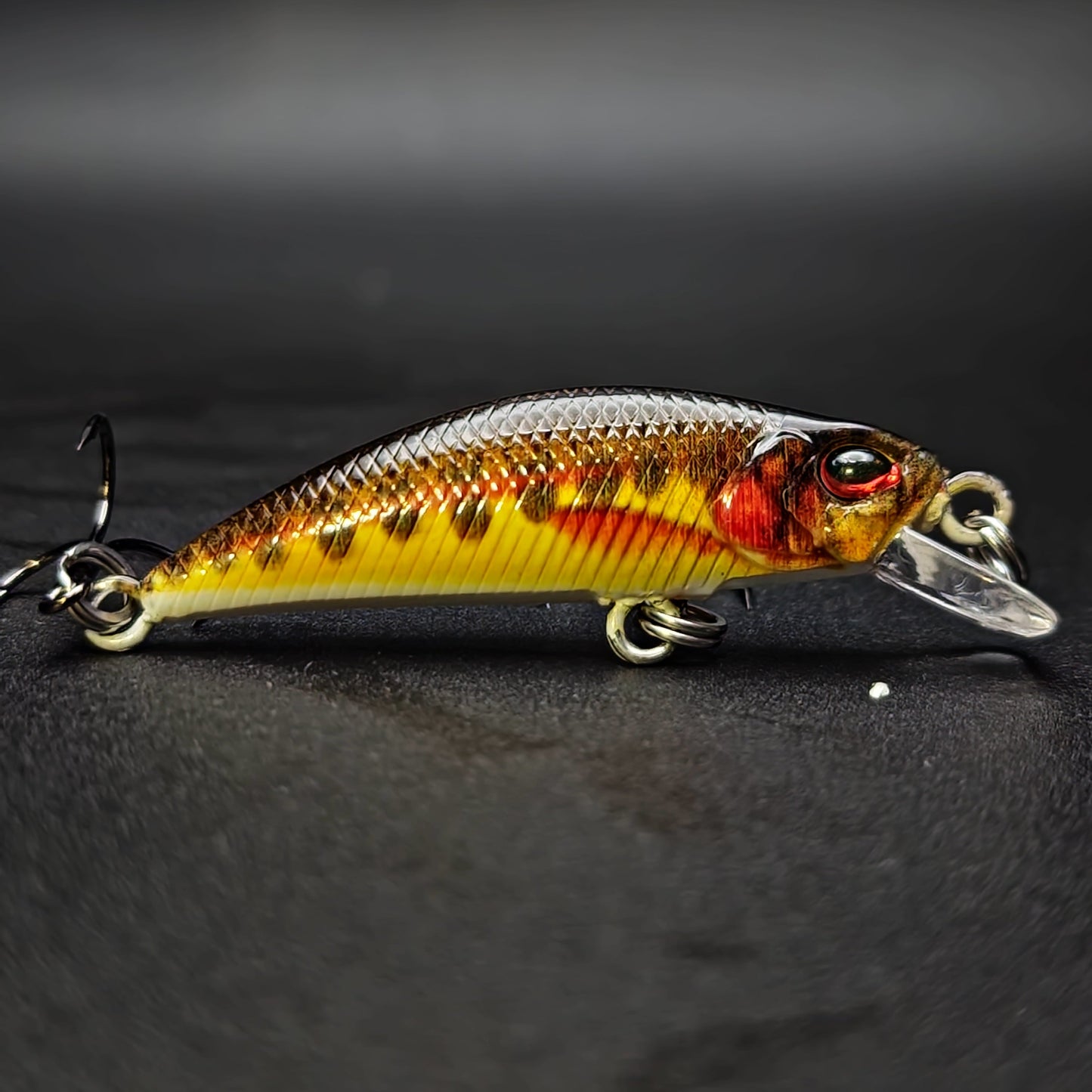 Fishing lure with a detailed design on a dark background