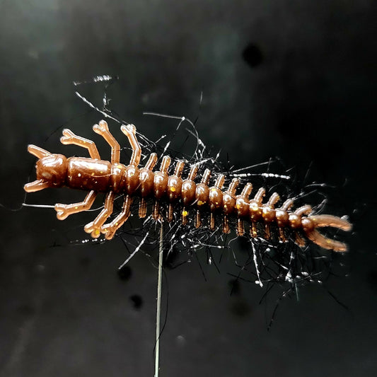 Close-up of a centipede fish lure on a dark background