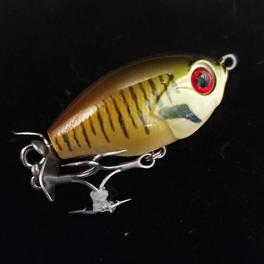 Fishing lure with a striped body and red eye on a black background