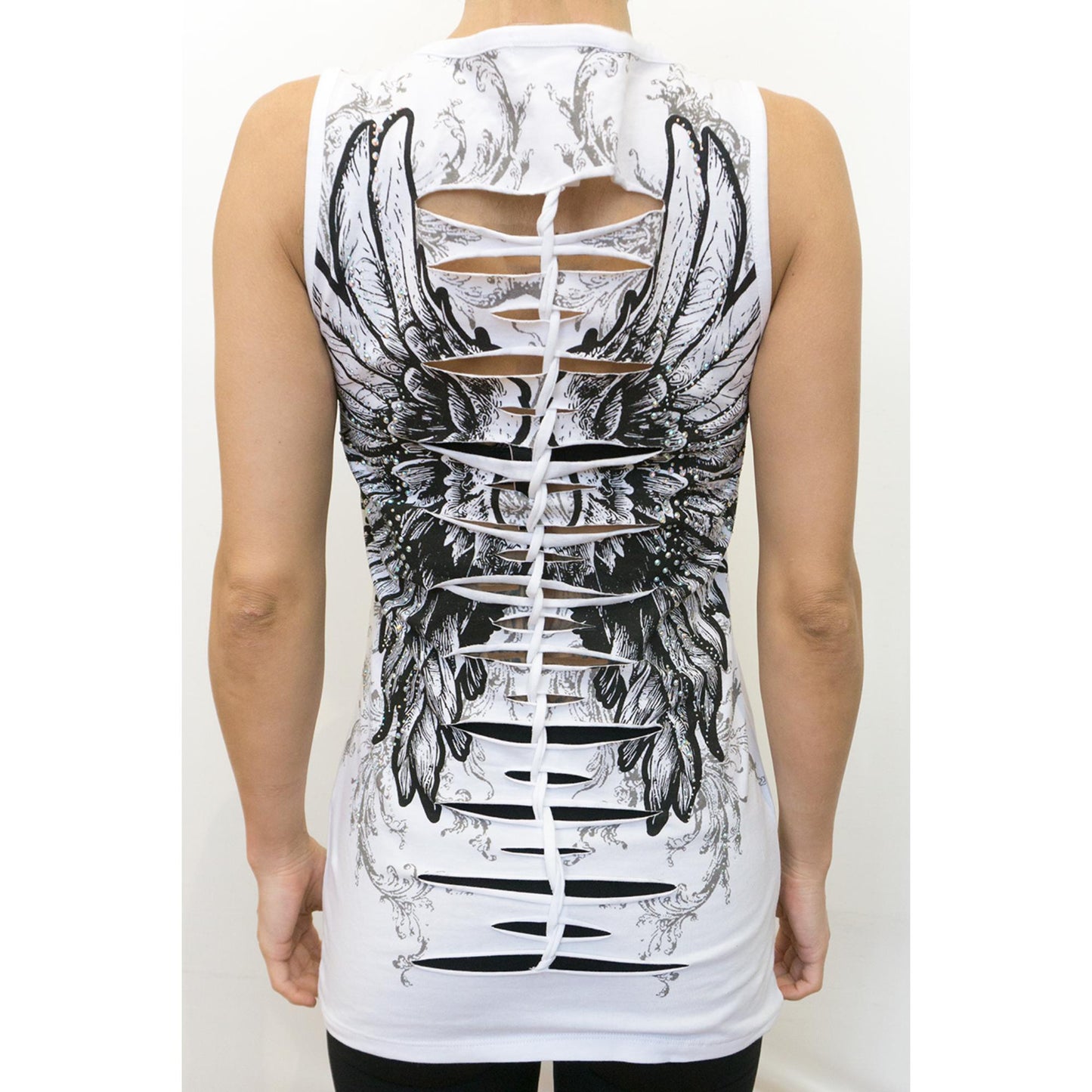 Back Of Women’s Angel Wings White V Neck Top