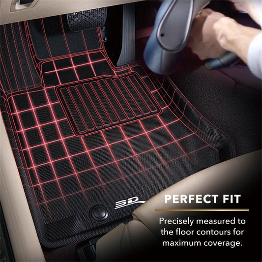 Car floor mat with red grid pattern and '3D' branding, showing a perfect fit for car interior.