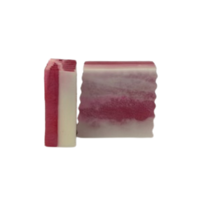 Two striped Blush & Bloom Rose Swirl Handmade Soap bars, one red and white, one pink and white, on a white background.