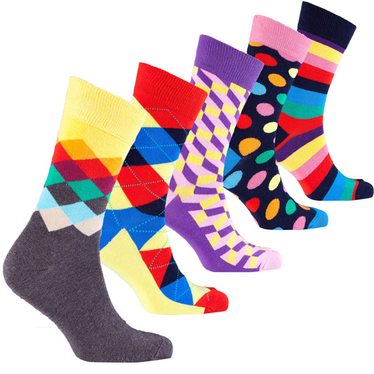 Set of colorful patterned socks on a white background