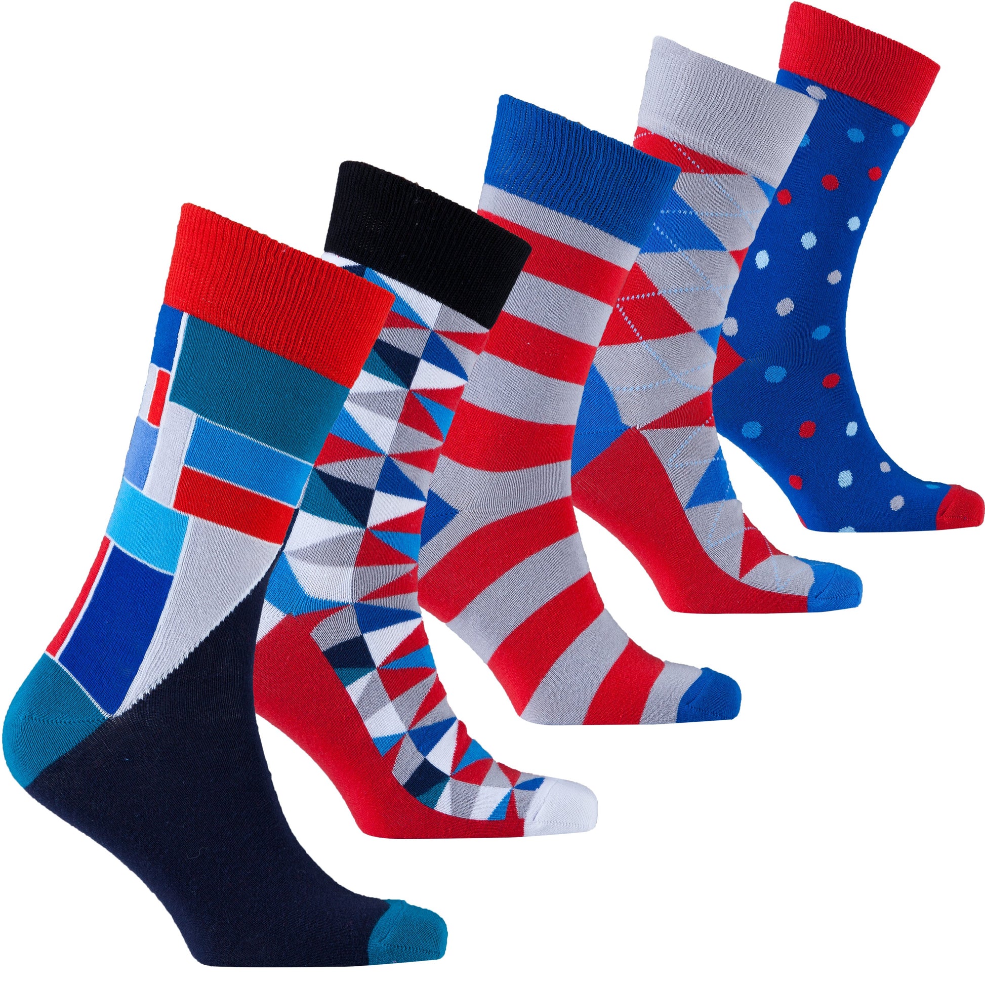 Set of colorful patterned socks on a white background