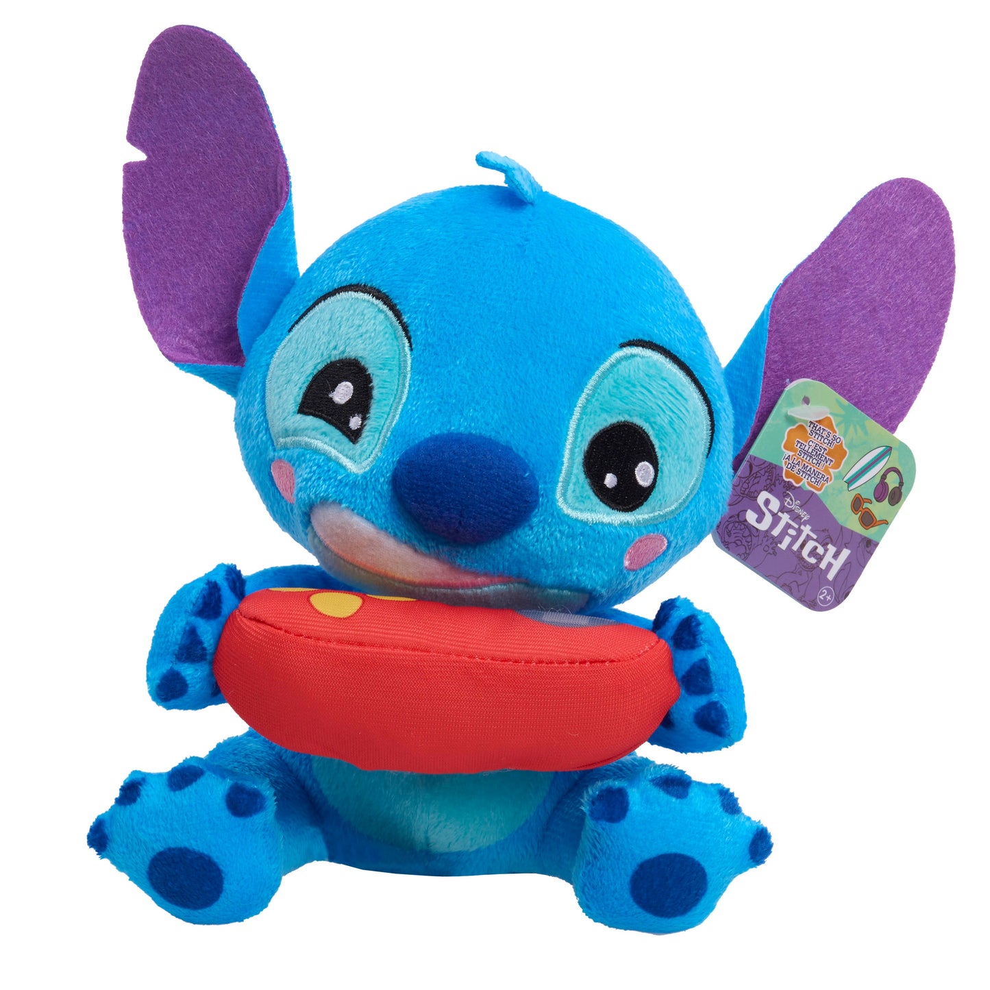 Blue plush toy with purple ears and a red object, featuring a tag with 'Disney Stitch' text on a white background.
