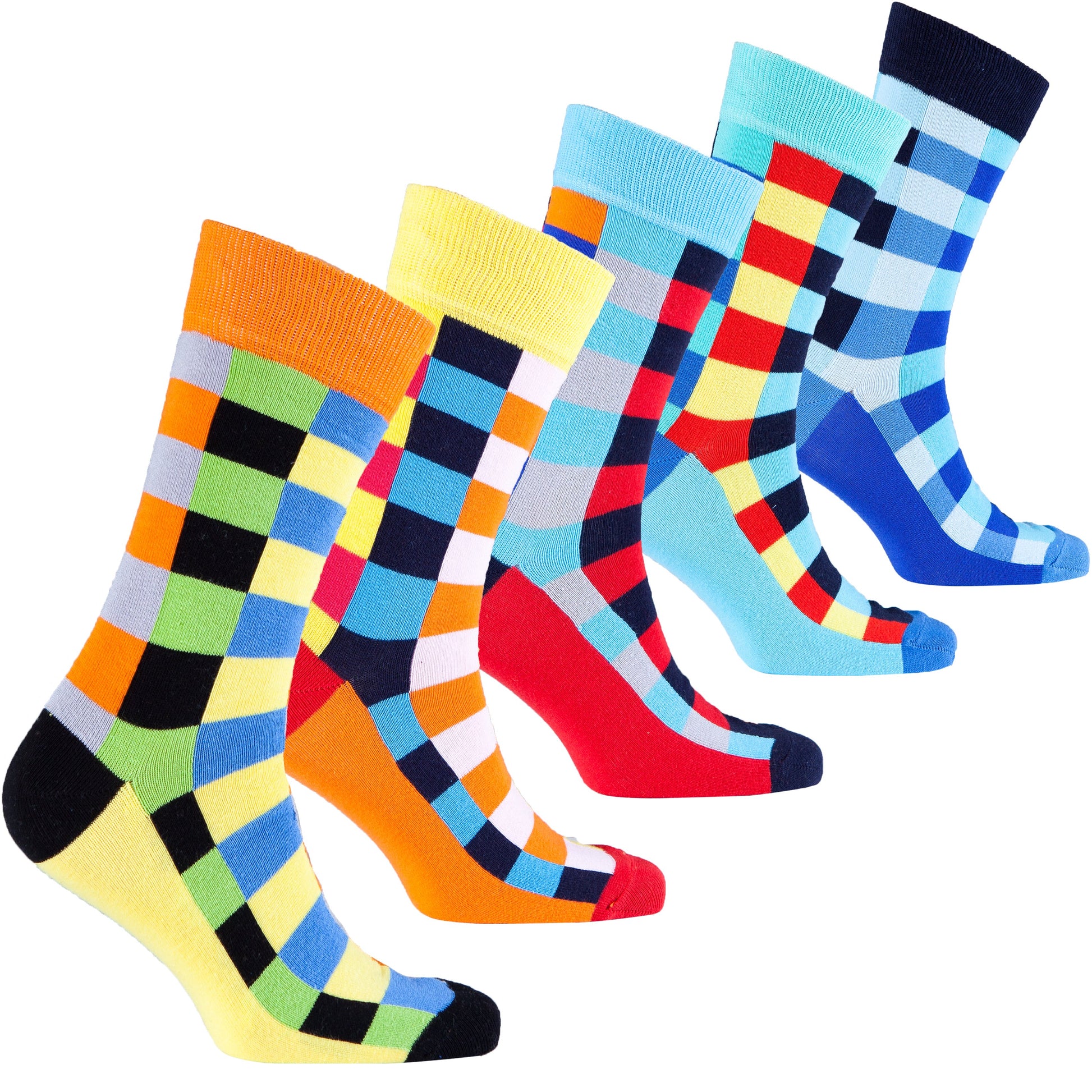 Set of colorful checkered socks on a white background