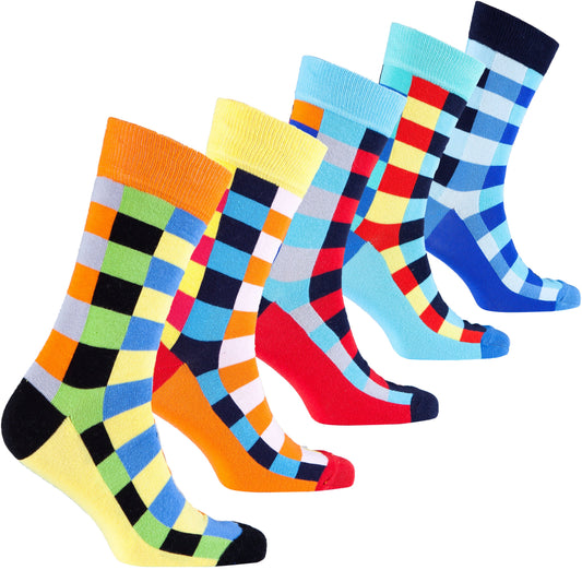 Set of colorful checkered socks on a white background