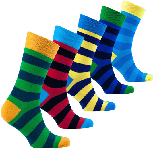 Set of colorful striped socks on a white background
