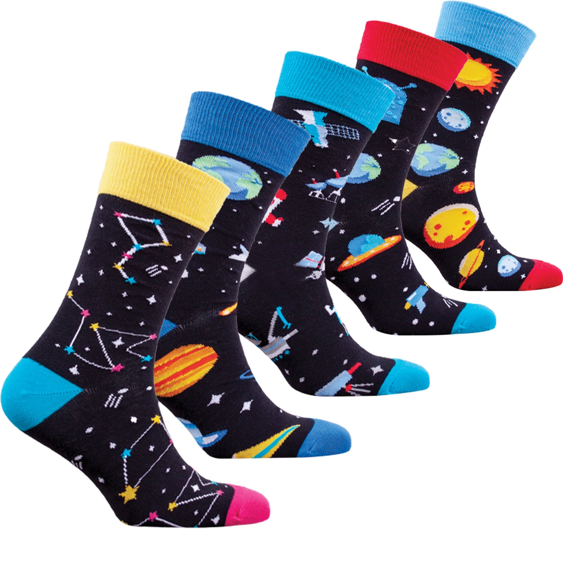Set of five colorful socks with space-themed designs on a white background