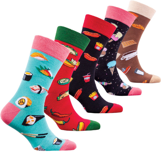 Set of colorful socks with various fast food patterns on a white background