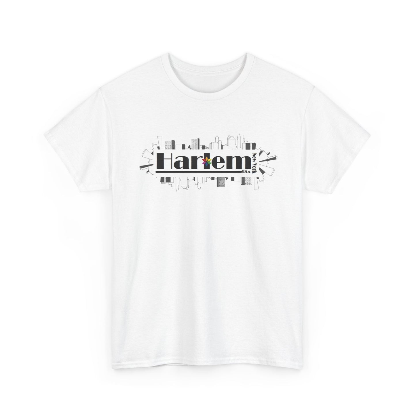 White t-shirt with 'Harlem' graphic design on a white background
